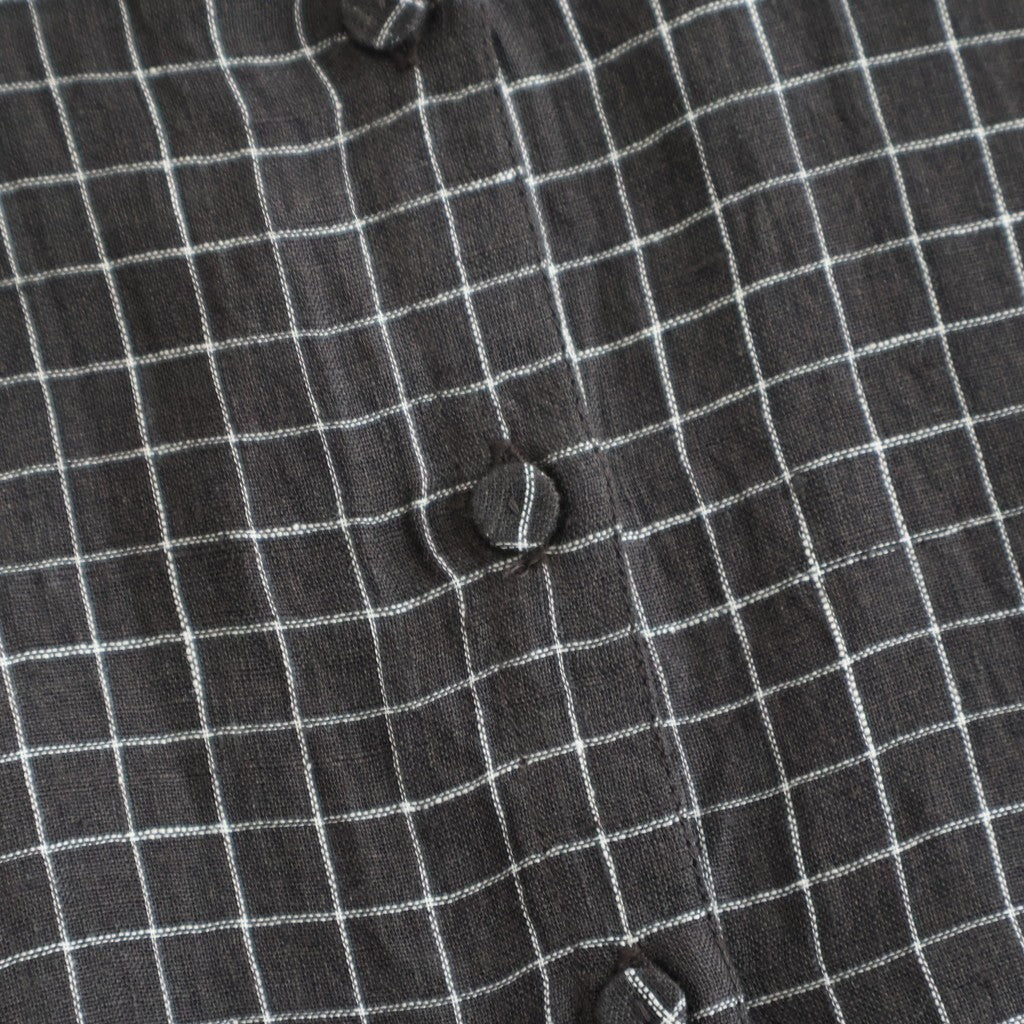 80s POWER LOOM LINEN CHECK REGULAR COLLAR DRESS WITH RAJASTAN GATHER #9890 OFF BLACK x WHITE CHECK [NMDS26284]