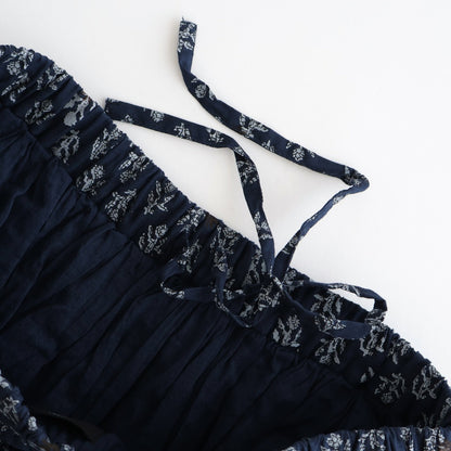 80s COTTON VOILE FLOWER BLOCK PRINT RAJASTAN TUCK GATHERED SKIRT WITH LINING #3900 NVY (NAVY BASE) [NMDS25555]
