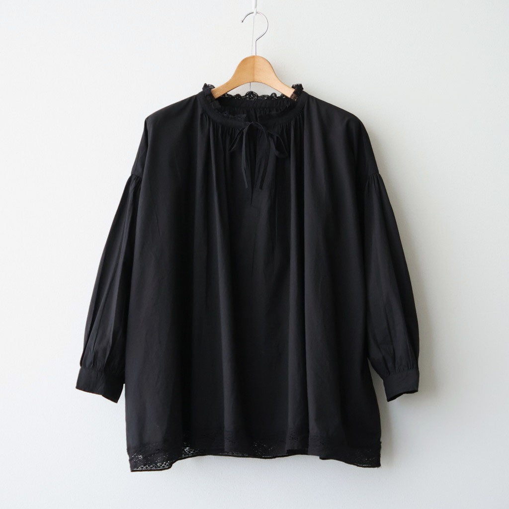 60s COTTON CAMBRIC PLAIN WITH LACE LACE & STRING COLLAR GATHERED SHIRT #9900 BLACK [NSL26552]