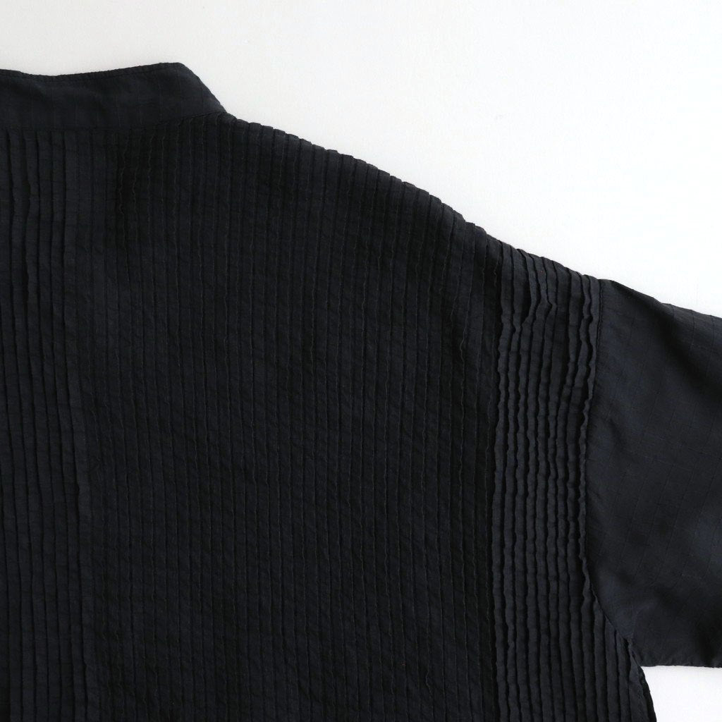 80s ORGANIC DOBIE CHECK(OVERDYE) BANDED COLLAR MAXI DRESS WITH PINTUCK #9971 O.BLACK [NMDS25254D]