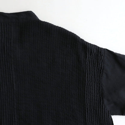 80s ORGANIC DOBIE CHECK(OVERDYE) BANDED COLLAR MAXI DRESS WITH PINTUCK #9971 O.BLACK [NMDS25254D]