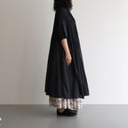 80s ORGANIC DOBIE CHECK(OVERDYE) BANDED COLLAR MAXI DRESS WITH PINTUCK #9971 O.BLACK [NMDS25254D]