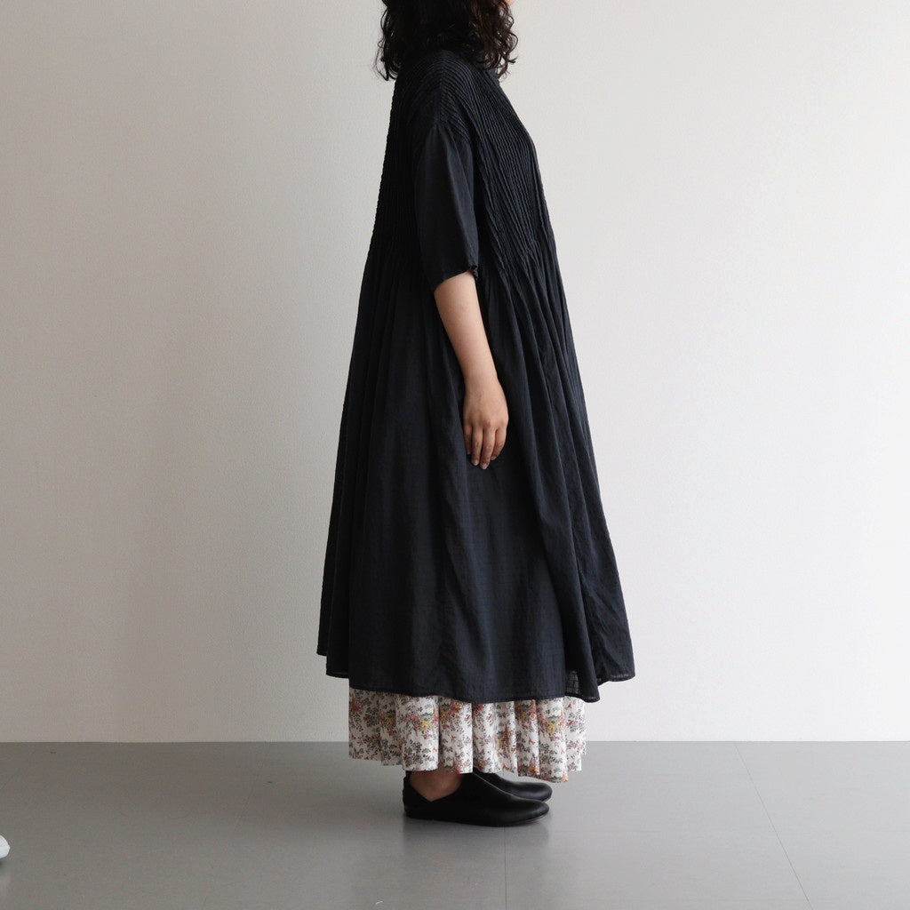 80s ORGANIC DOBIE CHECK(OVERDYE) BANDED COLLAR MAXI DRESS WITH PINTUCK #9971 O.BLACK [NMDS25254D]