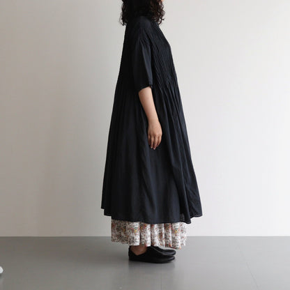 80s ORGANIC DOBIE CHECK(OVERDYE) BANDED COLLAR MAXI DRESS WITH PINTUCK #9971 O.BLACK [NMDS25254D]