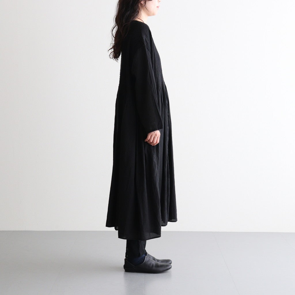 80s ORGANIC MICRO CHECK OVERDYE CREW-NECK BUTTON SHIRT MAXI DRESS WITH MINI PINTUCK #9912 BLACK (J.BLACK) [NMDS26234D]