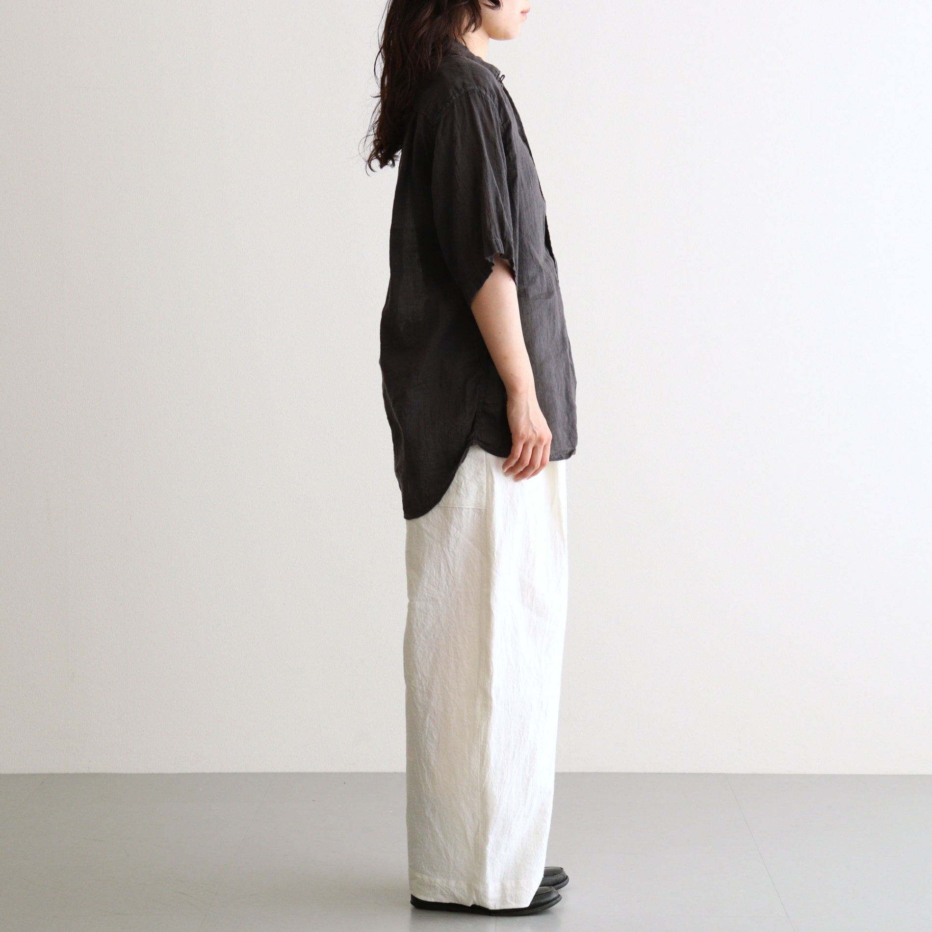 AUTO LOOM LINEN/COTTON PLAIN OVERDYE OPEN COLLAR S/SL SHIRTS #991D C.BLACK [IMDSH2612LCD]