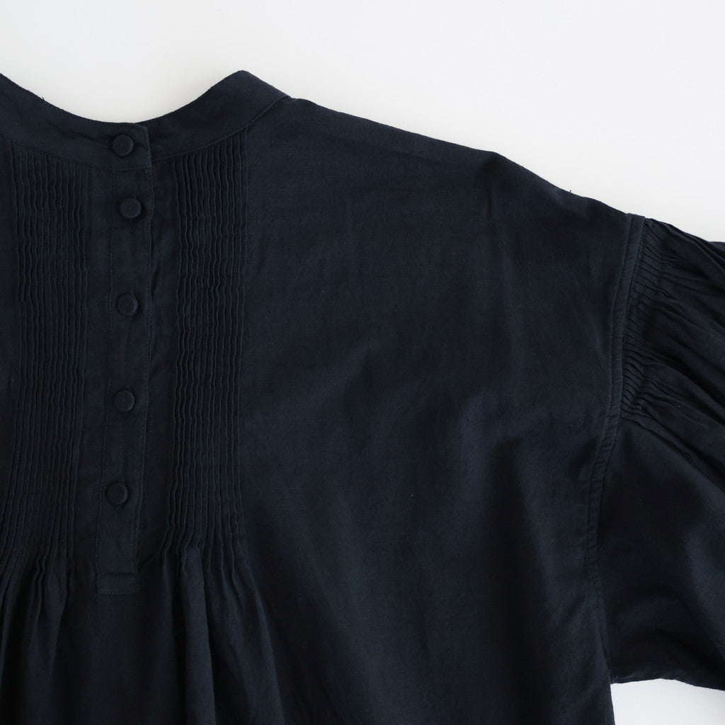 HANDWOVEN HEAVY COTTON PLAIN BACK OPENING STAND COLLAR SHIRT WITH MINI PINTUCK #9900 BLACK/BEIGE SELVAGE [INMDS25722]
