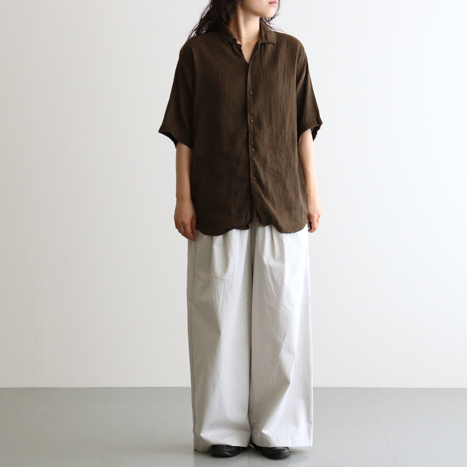 AUTO LOOM LINEN/COTTON PLAIN OVERDYE OPEN COLLAR S/SL SHIRTS #8960 C.BROWN [IMDSH2612LCD]