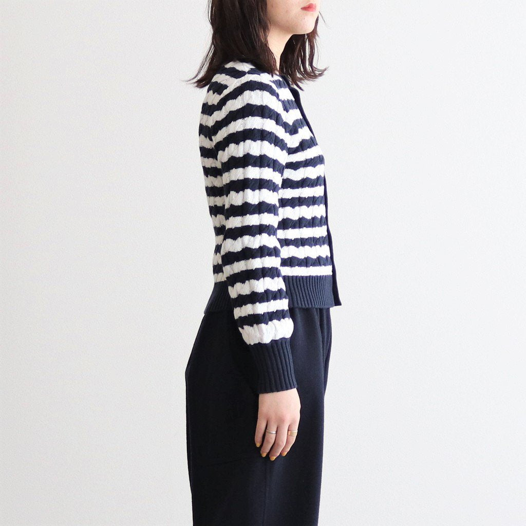 Cotton knit cable striped cardigan #136 Navy x White [US230KN004]